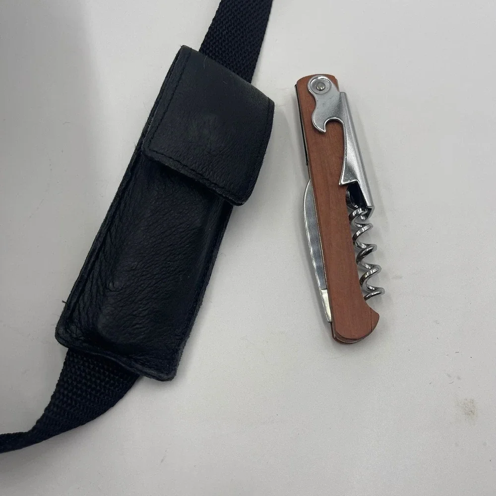 CaddyO Black Leather Wine Bottle Carrier Bag Case‎ Sling Strap Corkscrew Holder